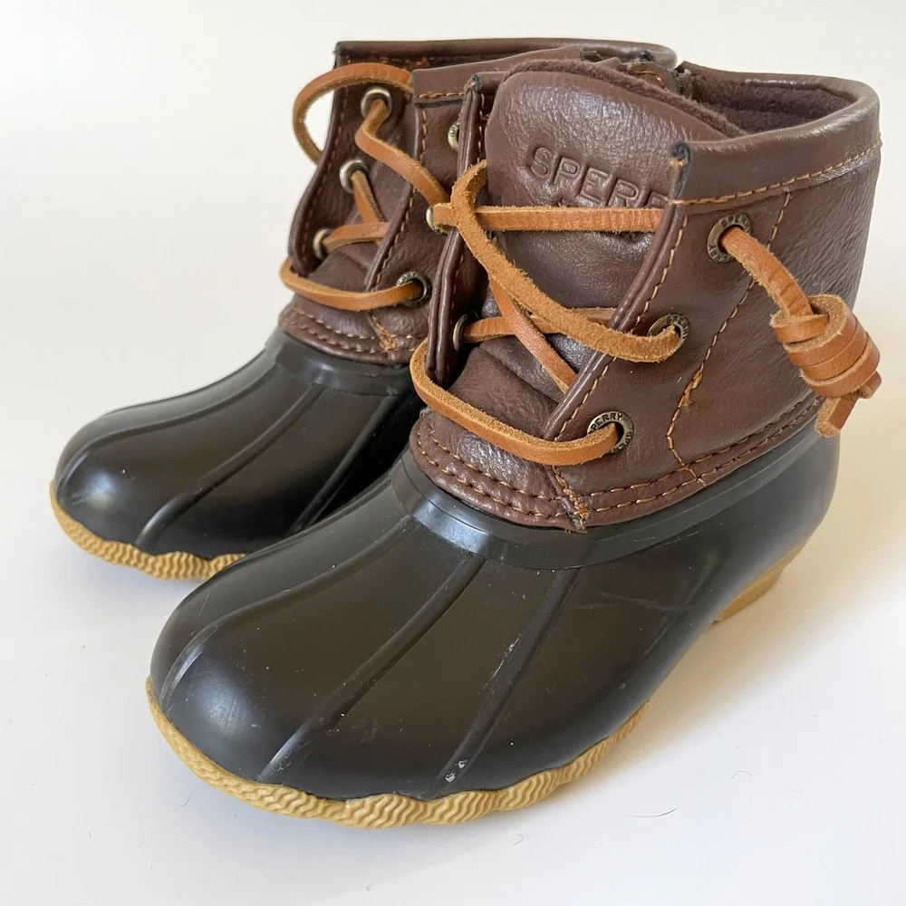 Sperry Kids Saltwater Duck Boots Brown Black Rain Boots Size 8M Toddler Preppy